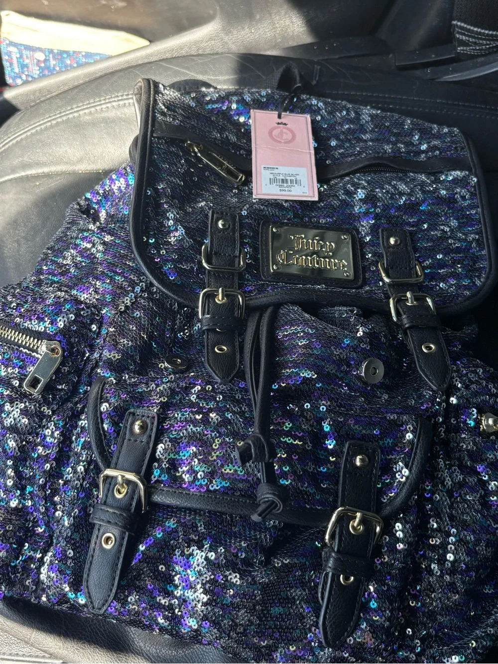 Juicy Couture Black Sequin Backpack with Iridescent Purple Blue Accents